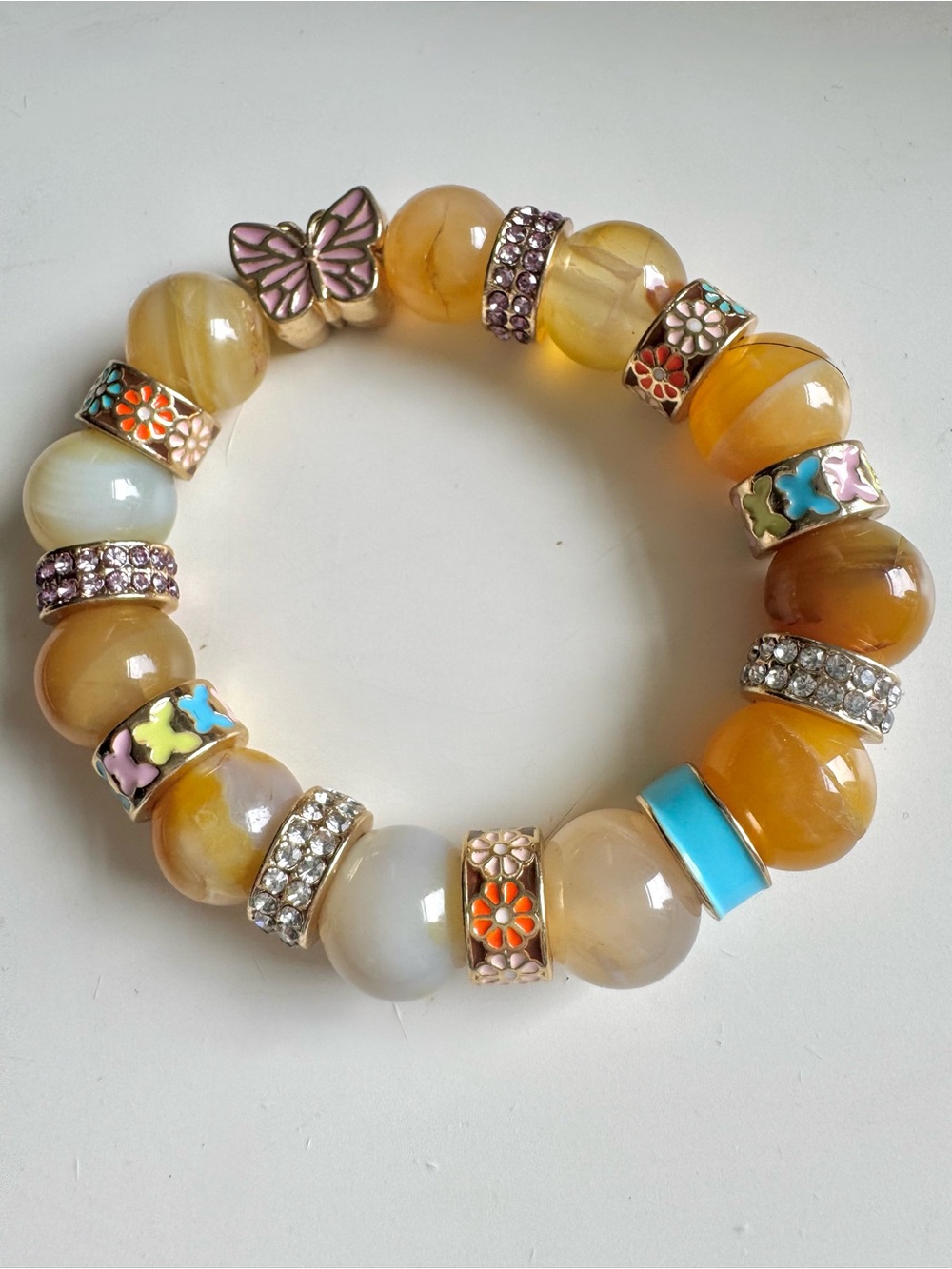 Yellow Agate Stretch Bracelet with Enamel Accents